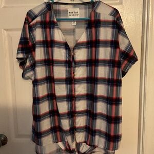 Short Sleeve Plaid Tie Front Top